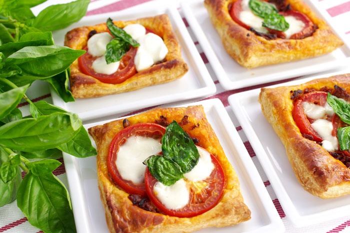 Flaky Tomato Tarltets with Mozzarella and Crackly Basil