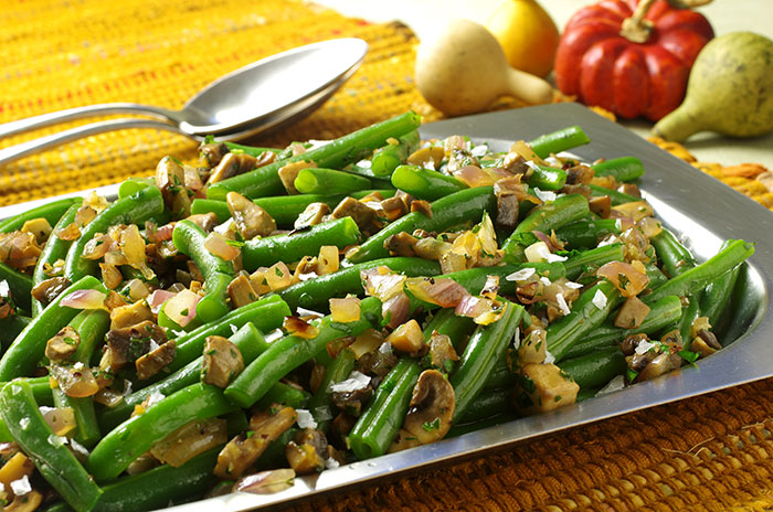 Green Beans with Caramelized Red Onion and Mushroom Topping