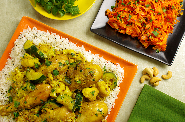 Chicken-Vegetable Kadhi
with Chickpea Cakes and Yogurt-Mint Sauce