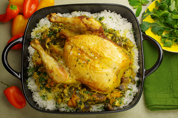 One-Pot Coconut Chicken over Jasmine Ricwith Chickpea Cakes and Yogurt-Mint Sauce