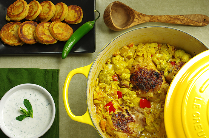 Chicken-Vegetable Kadhi
with Chickpea Cakes and Yogurt-Mint Sauce