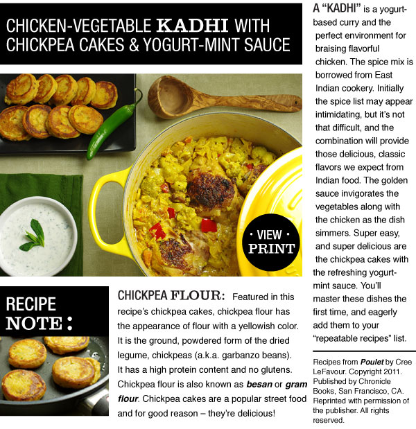 RECIPE: Chicken-Vegetable Kadhi with Chickpea Cakes and Yogurt-Mint Sauce