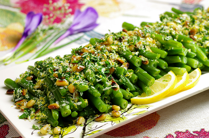 Green Beans Gremolatawith Chickpea Cakes and Yogurt-Mint Sauce