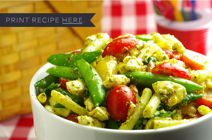 Green Bean, Snap Pea, and Pesto Salad
with Cherry Tomatoes and Fresh Mozzarella