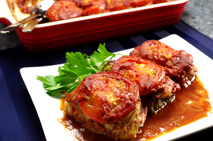 Cabbage Rolls with Wild Mushroom Stuffing in Tomato Broth