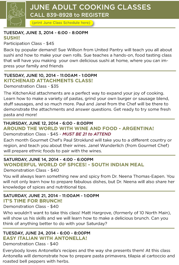 June Cooking Classes