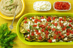 Grilled Eggplant Antipasto with Creamy Walnut Sauce, Tomato, and Feta