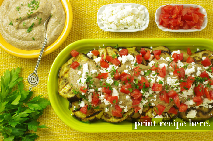 Grilled Eggplant Antipasto with Creamy Walnut Sauce, Tomato, and Feta