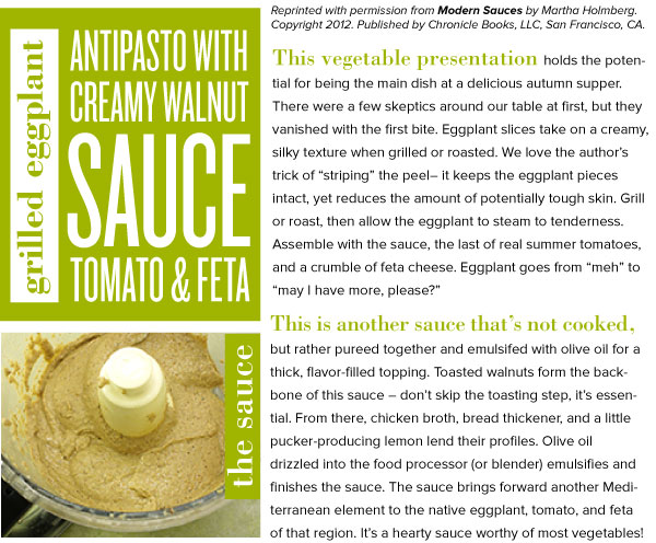 RECIPE: Grilled Eggplant Antipasto with Creamy Walnut Sauce, Tomato and Feta