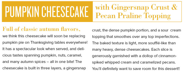RECIPE: Pumpkin Cheesecake with Gingersnap Crust and Pecan Praline Topping