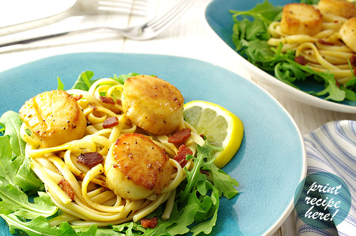 Scallops with Bacon over Linguini and Arugula