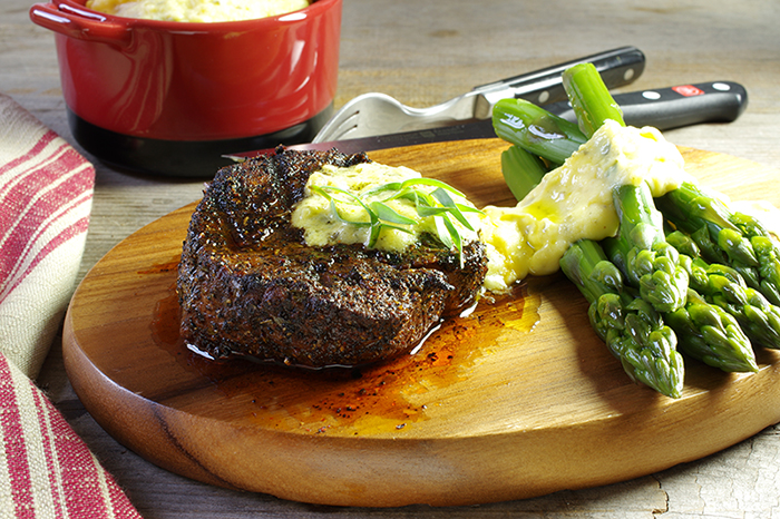 Grilled Rib-Eye Steak au Poivre with Onion Straws