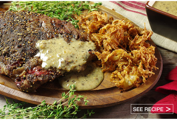 RECIPE: Grilled Rib-eye Steak Au Poivre with Onion Straws