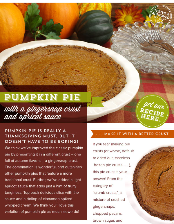 RECIPE: Pumpkin Pie with GIngersnap Crust and Apricot Sauce