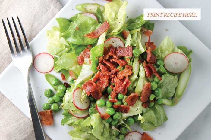 Spring Salad with Radishes, Fresh Asparagus, Peas & Bacon