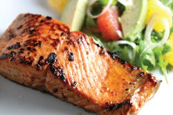 Pan-Seared, Glazed Salmon with Avocado Citrus Side Salad