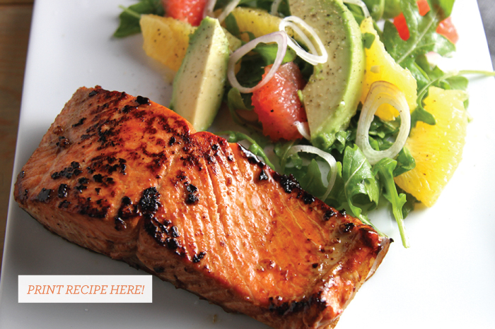 Pan Seared, Glazed Salmon with an Avocado, Citrus Salad