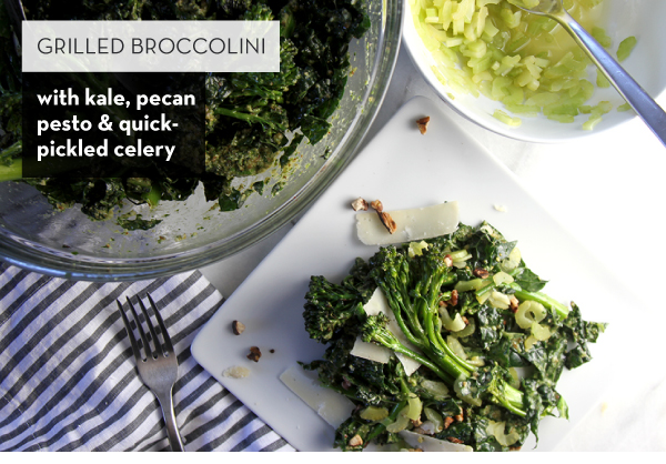 Grilled Broccolini with Kale, Pecan Pesto and Quick-Pickled Celery