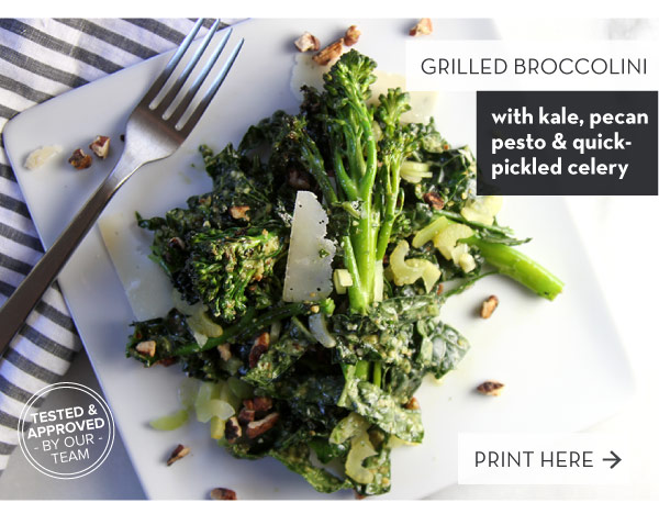 Grilled Broccolini with Kale, Pecan Pesto and Quick-Pickled Celery