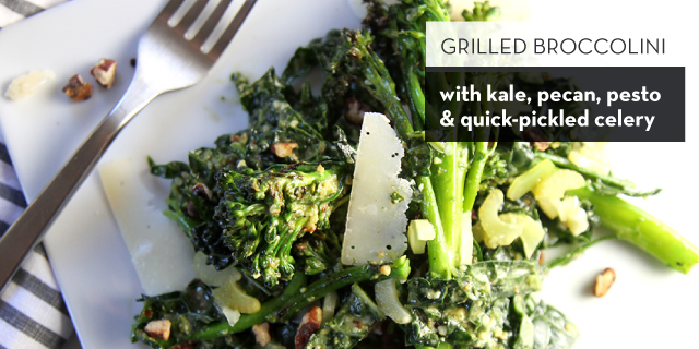 Grilled Broccolini with Kale, Pecan Pesto and Quick-Pickled Celery