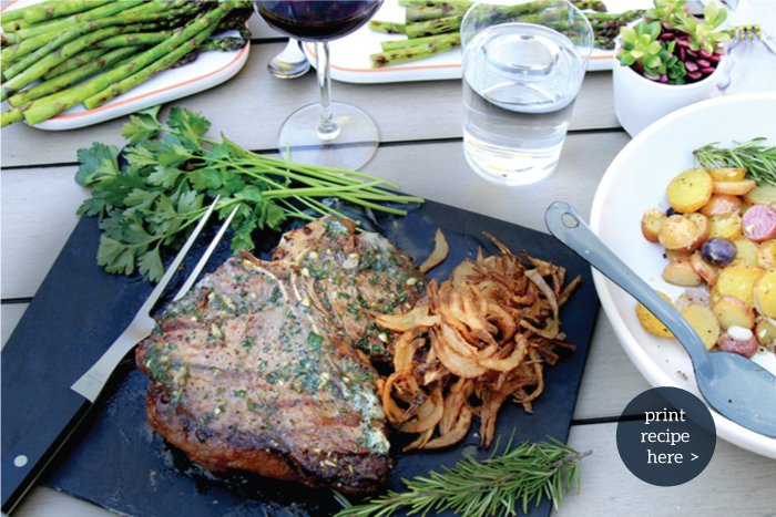 PORTERHOUSE WITH HERBED BUTTER & FRIZZLED ONIONS