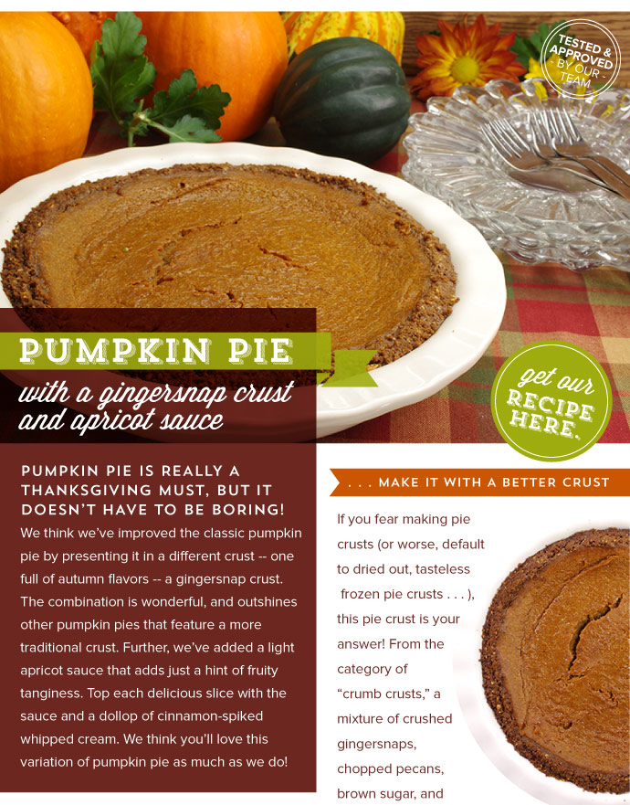 RECIPE: Pumpkin Pie with a Gingersnap Crust and Apricot Sauce