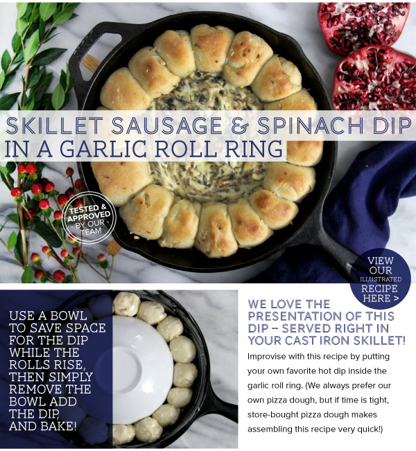 Skillet Sausage and Spinach Dip in a Garlic Roll RIng