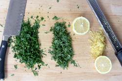 Mince Herbs and zest and juice lemon