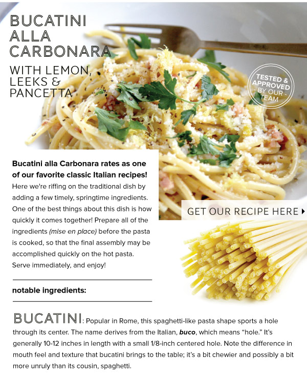 RECIPE: Bucatini alla Carbonara with lemon, leeks, and pancetta