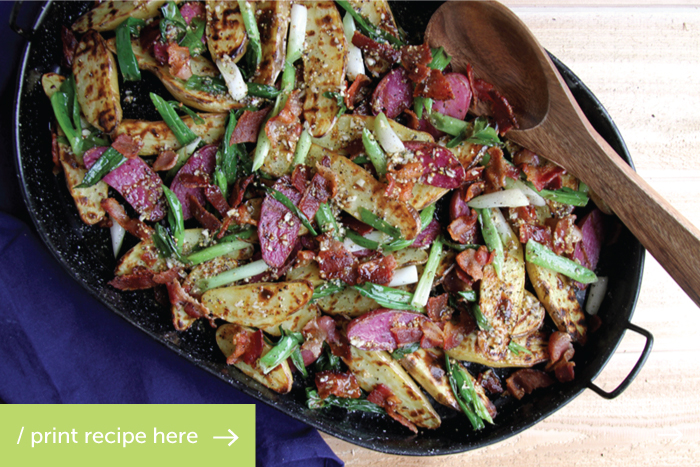 Grilled Potato Salad with Bacon, Green Onions, and a Mustard Garlic Vinagrette