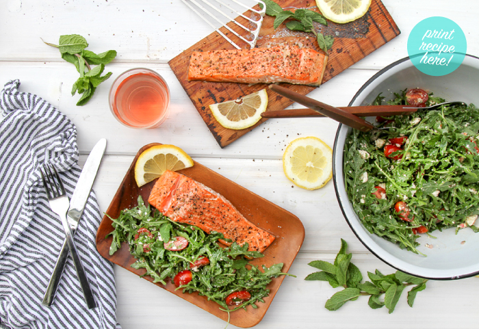 Cedar Plank Salmon with Tomato, Feta, and Arugula Salad