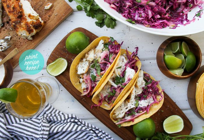 Grilled Halibut Tacos with Red Cabbage Slaw and Spicy Crema