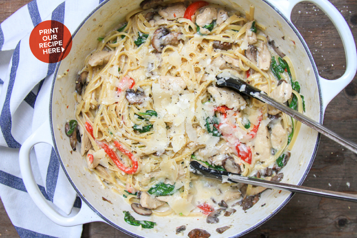 Creamy Chicken, Mushroom, & Spinach One Pot Pasta 