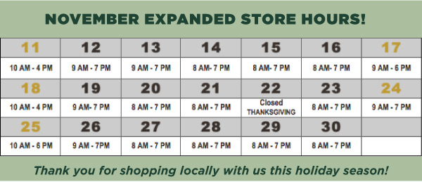 November Store Hours