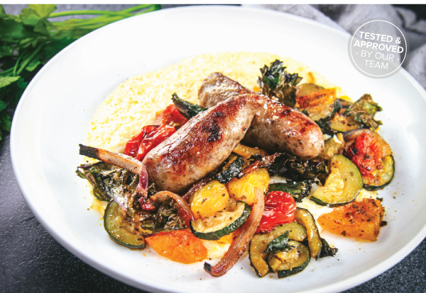 Roasted Sausage and Veggies with Creamy Polenta