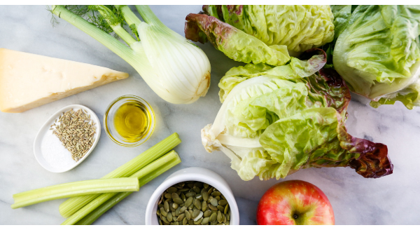 Fall Salad with Bibb Lettuce, Shaved Fennel, Apple, Toasted Pumpkin Seeds, and a Warm Bacon Apple Cider Vinaigrette