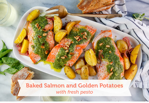 Baked Salmon and Golden Potatoes with Fresh Pesto