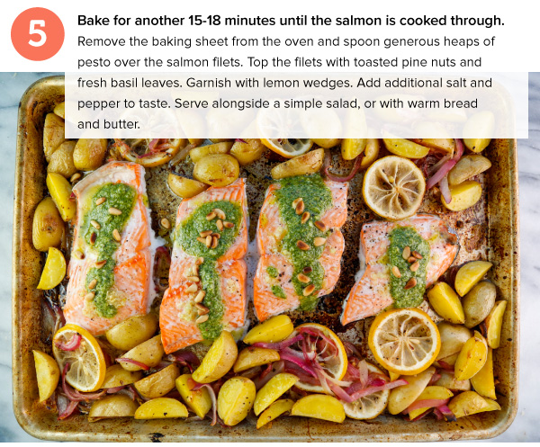 Baked Salmon and Golden Potatoes with Fresh Pesto