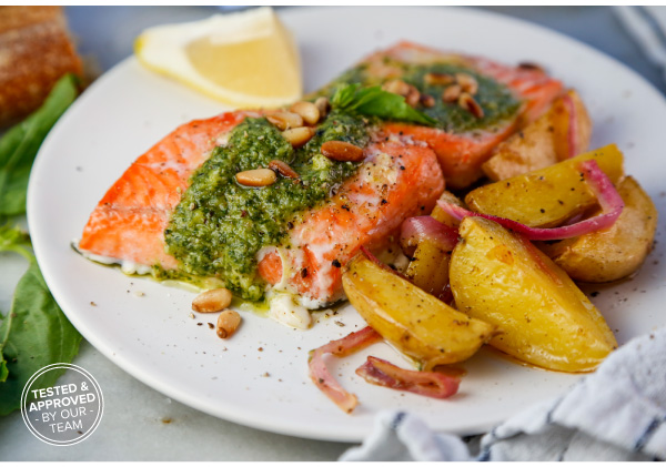 Baked Salmon and Golden Potatoes with Fresh Pesto
