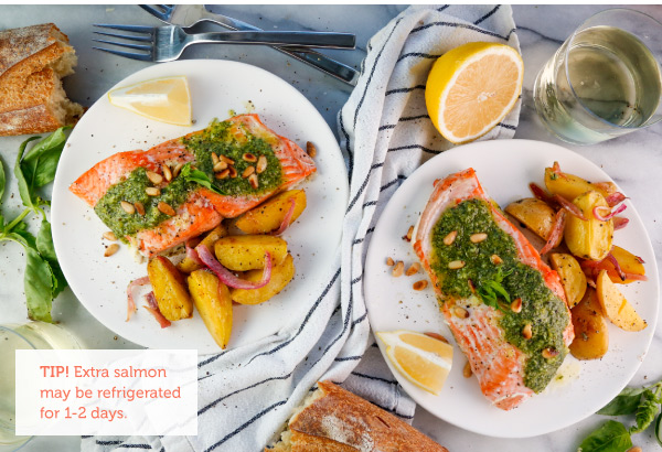 Baked Salmon and Golden Potatoes with Fresh Pesto