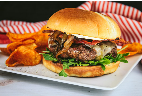 Burgers with a Bacon and Onion Whiskey Sauce