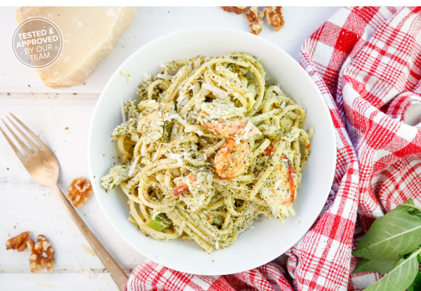 Crab Linguine with Spicy Walnut Pesto & Springy Green Onions