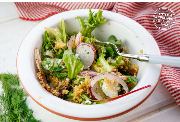 Spring Asparagus, Sugar Snap Peas, and Radish Salad
with Quinoa and Goat Cheese