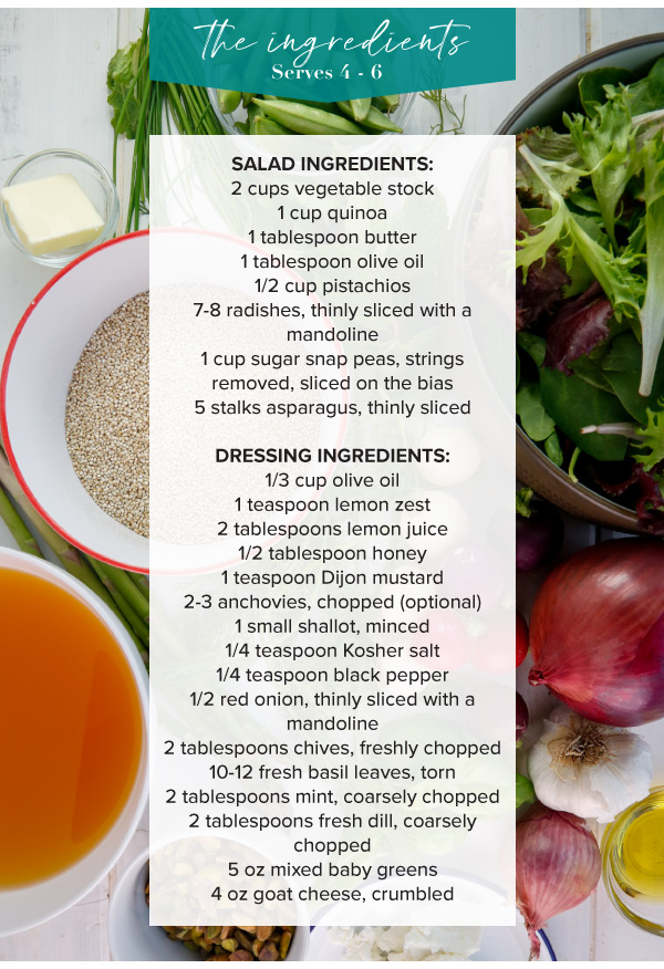 Spring Asparagus, Sugar Snap Peas, and Radish Salad
with Quinoa and Goat Cheese