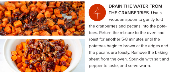 Maple Cayenne Sweet Potatoes with Cranberries and Candied Pecans