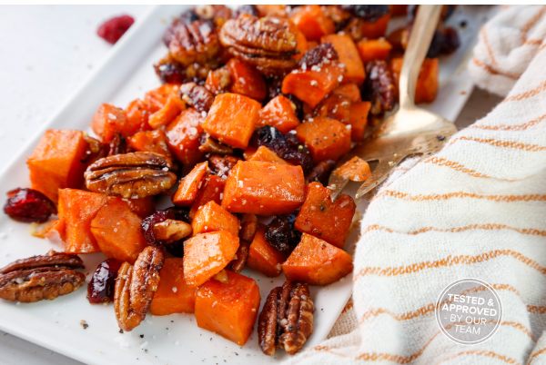 Maple Cayenne Sweet Potatoes with Cranberries and Candied Pecans