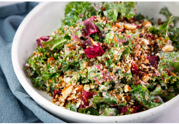 Kale Salad with Roasted Beets, Crispy Lentils, and Garlic Butter Panko