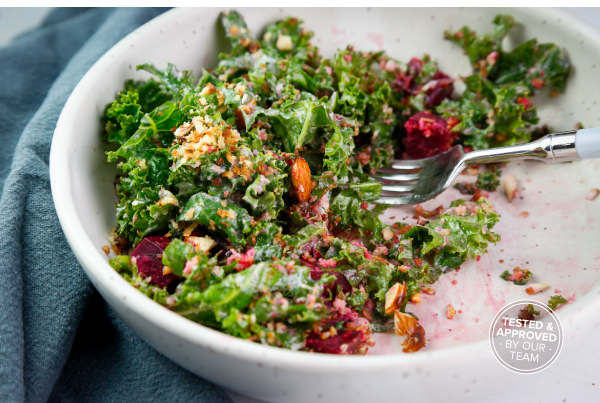 Kale Salad with Roasted Beets, Crispy Lentils, and Garlic Butter Panko