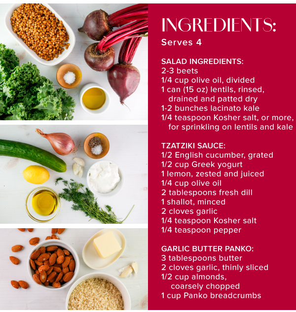 Kale Salad with Roasted Beets, Crispy Lentils, and Garlic Butter Panko