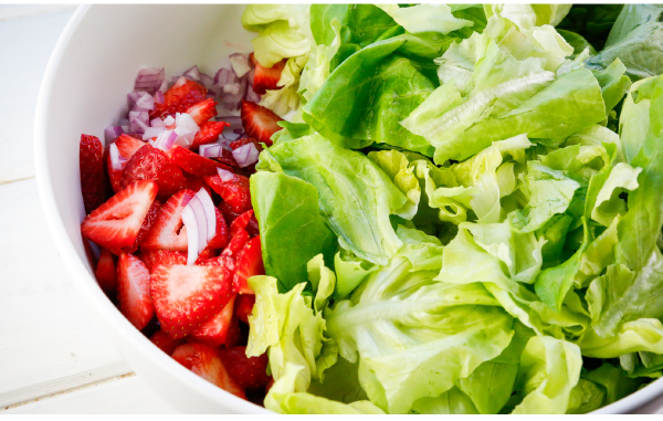 Butterhead Lettuce and Strawberry Salad with Blue Cheese and Candied Pecans